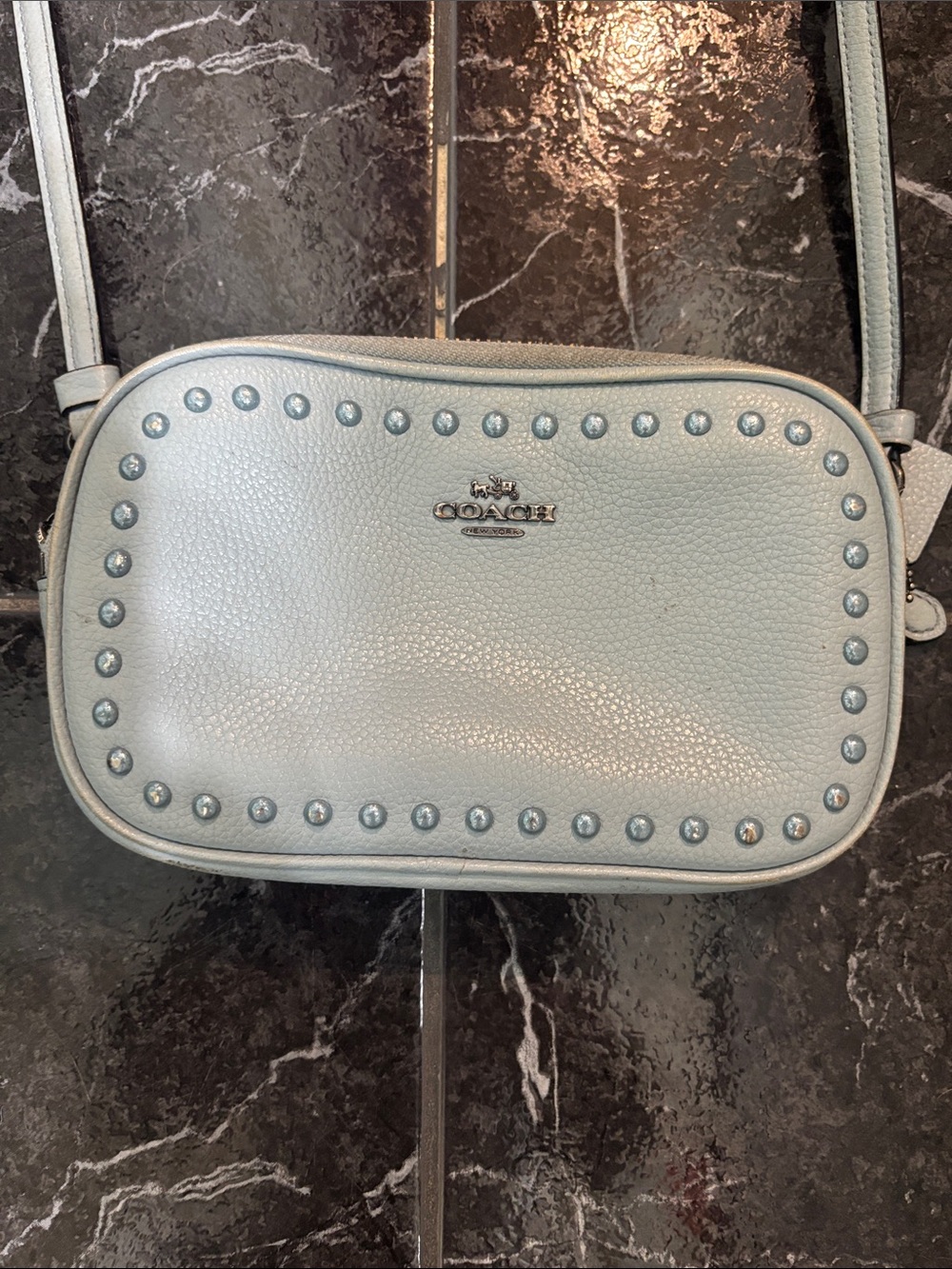 Coach Pebble Leather Studded Crossbody in Pale Blue